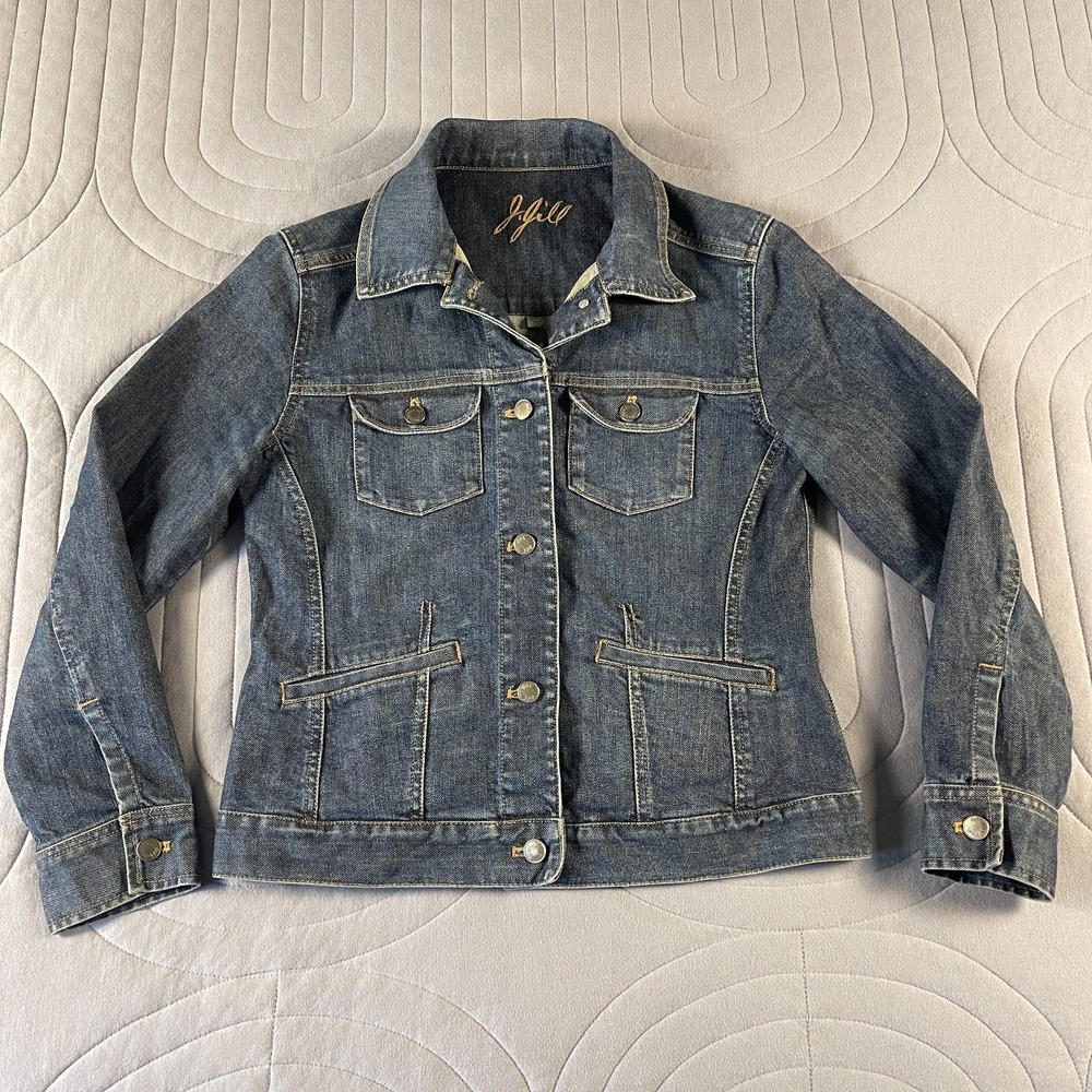 J. Jill Denim Trucker Jacket Womens XS Dark Wash Blue Button Pockets